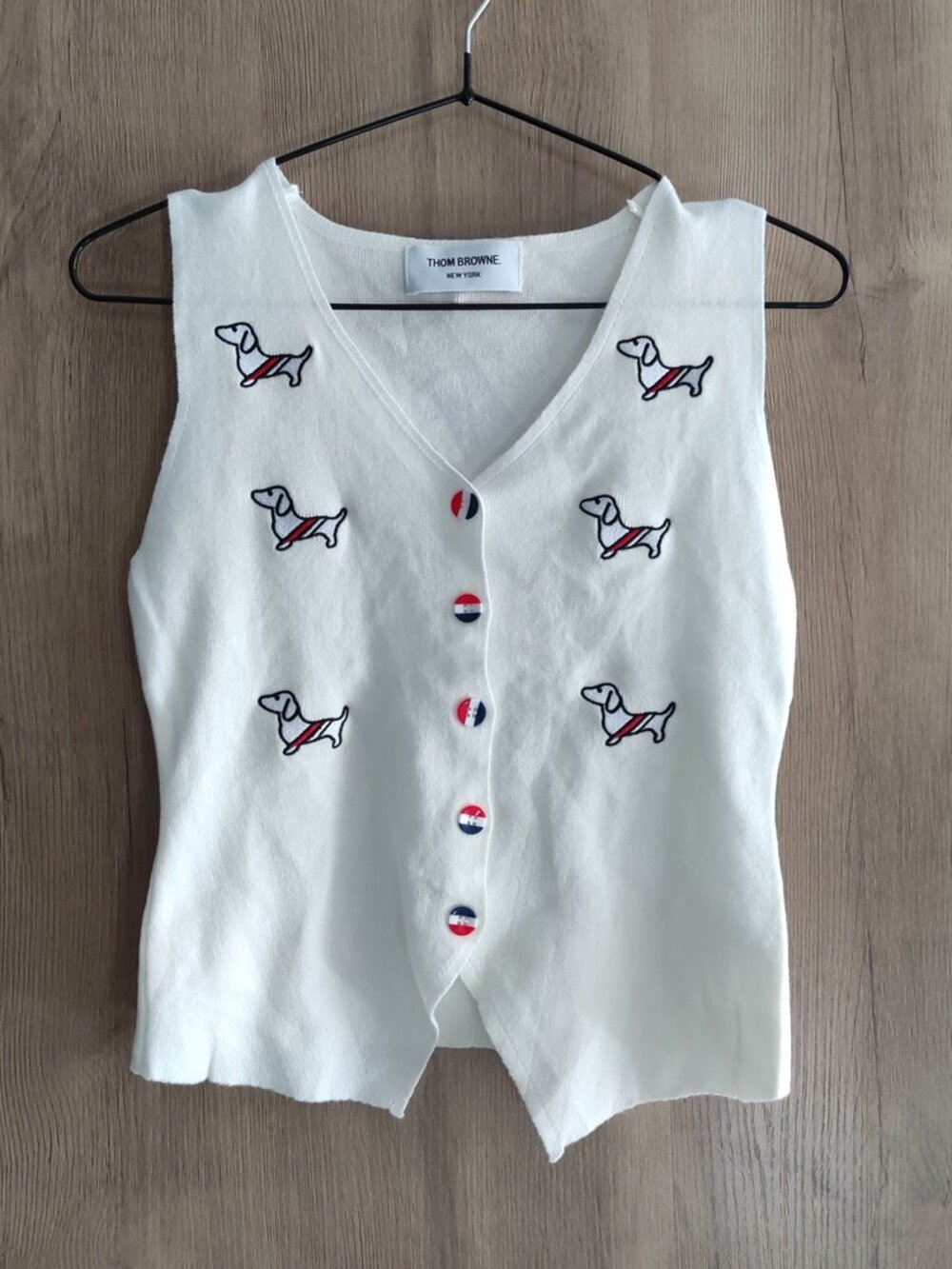 Thom Browne White V-Neck Knit Vest Dachshund Dog Embroidery RWB Button Front